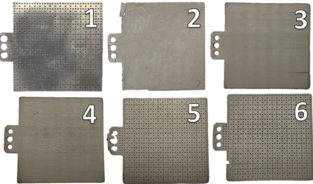 figure 10 : Différents collecteurs de courant testés. 1. Pièce de base 2. Tape Casting 3