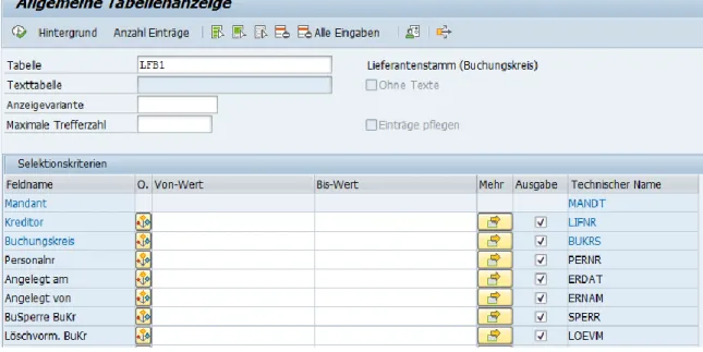 Abbildung 13 zeigt den Eingangsbildschirm der Transaktion SE16N nach Eingabe des Re- Re-ports LFB1