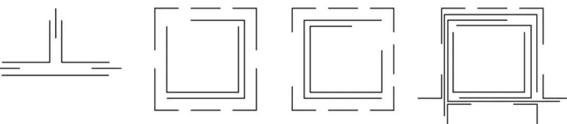 Fig. 3. From left to right: a B 1 -EPG representation of S 3 ; a sketch of a B 2 -EPR representation of S 6 (we draw all the vertices of the stable set and representative vertices of the clique; other vertices in the clique can be represented symmetrically