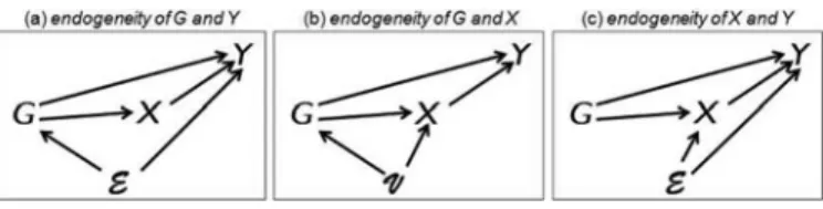 Figure 2 illustrates scenarios in which identification fails. In (a),  jointly affects G and Y whereas in (b), the unobserved term ν jointly affects G and X
