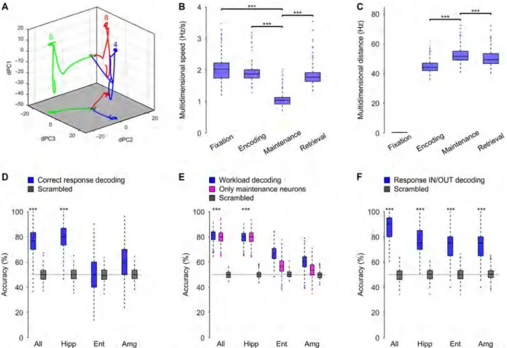 Fig. 4. Population firing predicts behavior. (A) Mean trajectories in the neuronal state space constituted by the three largest dPCs during fixation (starting at the origin), encoding, maintenance, and retrieval