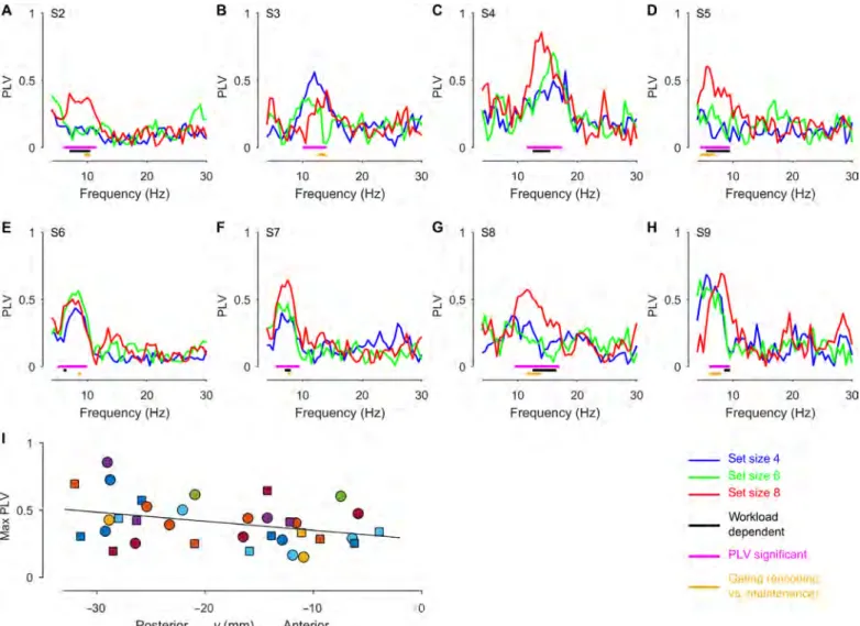 Fig. 6. Maintenance-induced hippocampal-cortical PLV. (A to H) PLV spectra for the electrode pair of maximal PLV for subjects 2 to 9; for subject 1, refer to Fig