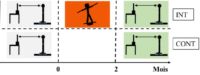 Figure 3. Représentation du déroulement de l’étude pour le groupe intervention et le groupe contrôle avec le pré- pré-test (gris), la phase d’entraînement (rouge) et du post-pré-test (vert)