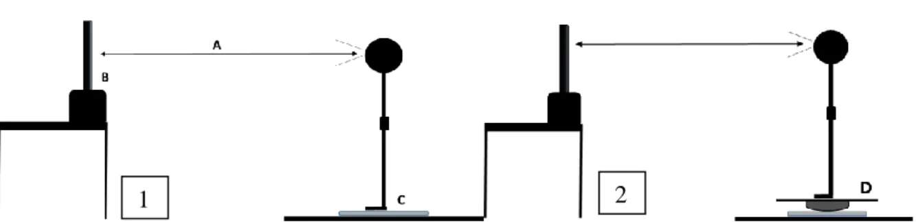 Figure 5. Schéma représentant un sujet réalisant une tâche STAND (1) et une tâche BAL (2) lors du test spin top  ou fNIRS