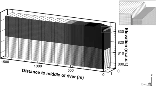 Figure 4.4: Topography and spatial discretization of the Yingsu model. The closer to the channel in the top right corner, the  finer becomes the mesh