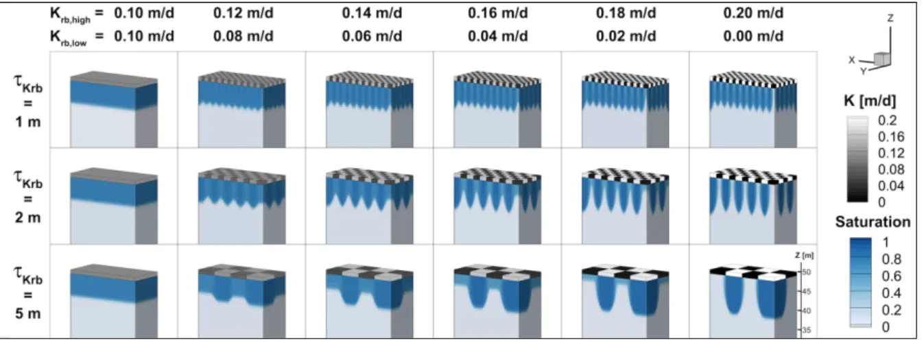 Figure 6: Propagation of a wetting front into a dry aquifer through a riverbed of checkerboard-style heterogeneous  structures after 6 days of transient simulation