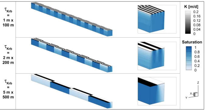 Figure 3.8: Steady state saturation profiles for the elongated river-aquifer models. With this experiment, the influence of  the  horizontal  domain  scale  on  the  horizontal  redistribution  was  tested