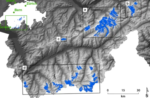 Figure 1. Overview of studied glaciers located in the western and southern Swiss Alps