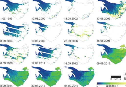 Figure 3. Spatio-temporal evolution of shortwave broadband albedo between 1999 and 2016 for Findelengletscher.