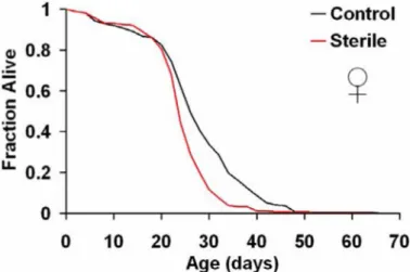 Fig. S3. Loss of oocytes is not sufficient for slowing aging. Lifespan is reduced in a female-sterile, heteroallelic mutant genotype of egl (sterile: w; cn bw egl PR29 /cn bw egl wu50 ) compared with a fertile control carrying a transgenic rescue construct