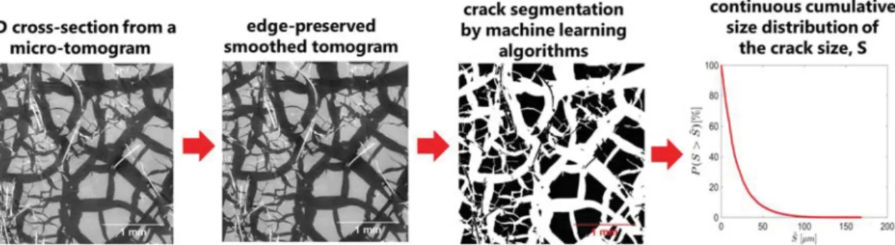 Fig. 8. Continuous cumulative volume fraction of pore, i.e., crack space ( c ) due to cracks with size larger than S , for (a) APD and (b) SCD glass wool-silica aerogel composites for diﬀerent aging times.