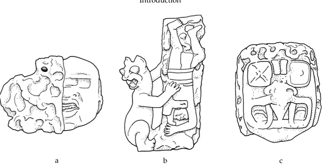 Fig. 3 The convoluted cloud or rock motif on Early Formative Olmec stone sculpture. (a) Head with a basin at the top