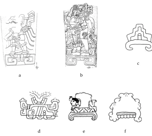 Fig. 22 Examples of the earth maw in Mesoamerican writing and art. (a) A winged figure atop an earth maw