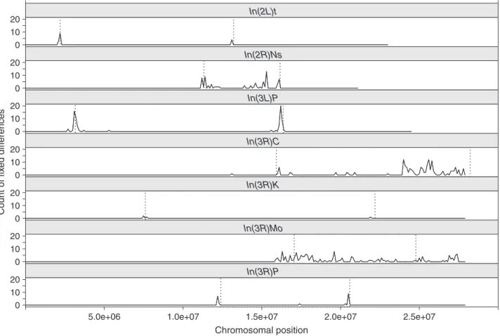 Fig. 3 Distribution of fixed SNPs within inversions. Chromosomal distribution of inversion-specific differences based on a global sample of 167 haplotypes