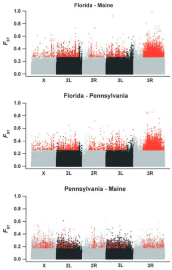 Fig. 5 Pairwise F ST of candidate SNPs. Pairwise F ST values of all candidate SNPs for each comparison (top: Florida – Maine;