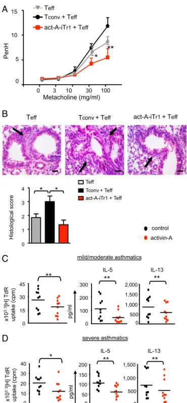 Fig. 7. Therapeutic administration of human act-A – iTr1 cells reverses estab- estab-lished allergic airway disease
