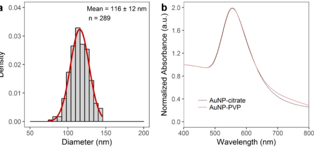 Figure S1. Characterization of 116 nm AuNP via transmission electron microscopy and UV-Vis spectroscopy