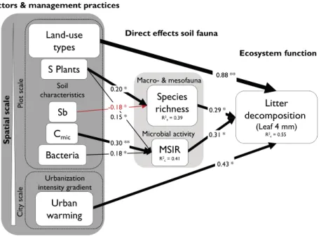 Fig. 4. Final SEM of direct and indirect effects of land-use features, soil characteristics and urbanisation intensity and direct effects of soil fauna on leaf litter decomposition