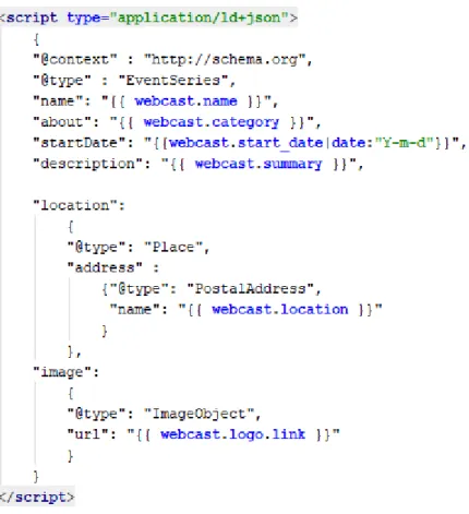 Figure 14 : Script JSON-LD implémenté dans la page HTML webcast (données de l’auteur) 
