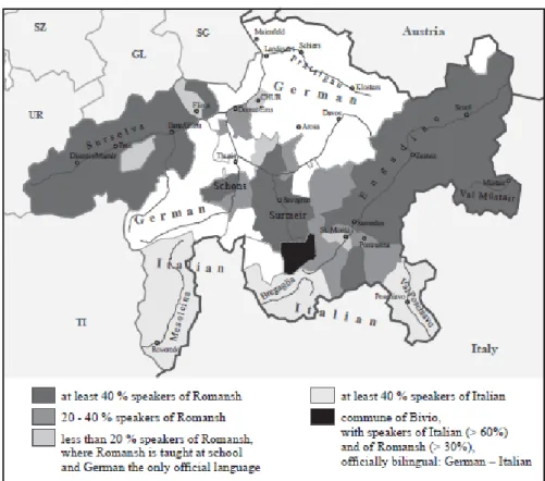 Figure 3.  Minority languages in Grisons communes according to the language law  In the first draft of the law, however, the threshold for declaring a  com-mune  “monolingual”  was set higher: according to it, a comcom-mune would  have been declared “monol