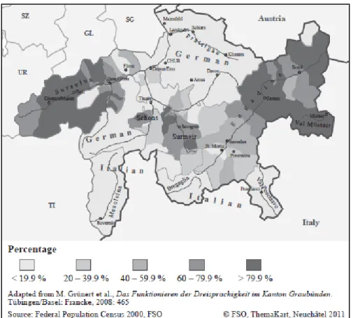 Figure 2.  Romansh as main language and/or as a regularly used language in the  traditional Romansh area 