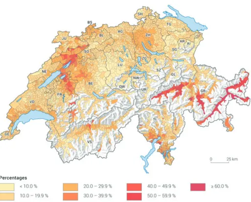 Figure   2: Inhabitants speaking two or more Swiss national languages in everyday life, 2000