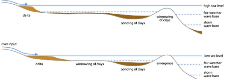 Figure 2 Clay input and distribution as a function of sea level (high versus low), wave base, and platform morphology