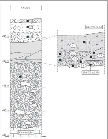 Fig. 32. Coupe S2-5003. Résultats des analyses géochimiques effectuées sur  les échantillons c1 à c3.6.00007001540 5 10 15 20 25c1c2.1c2.2c3.1c3.2c3.3c3.4 c3.5c3.6Carbonates (%) 95,55,5656,57,566,5468 10Mat