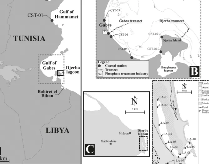Figure 2. Study area showing the sampling sites where sediment was collected in 2014. A) Tunisian coastline denoting the Gulf of Gabes  and coastal station CST-01