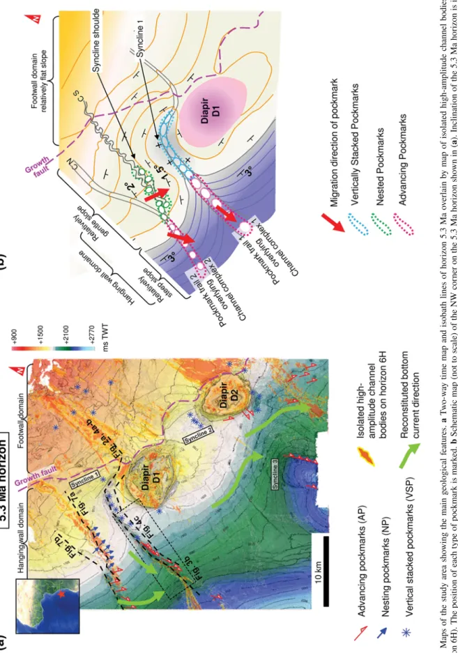 Fig. 1  Maps of the study area showing the main geological features. a Two-way time map and isobath lines of horizon 5.3 Ma overlain by map of isolated high-amplitude channel bodies (at  horizon 6H)