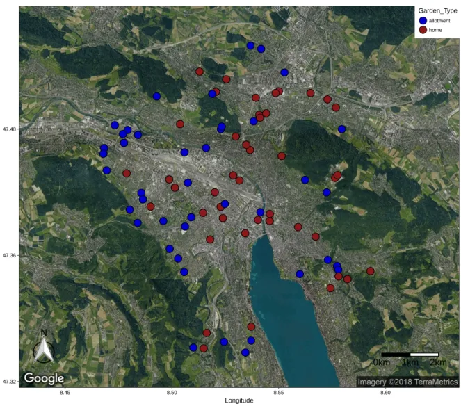 Figure S1: Spatial map of selected urban garden sites (N=85) within the city of Zurich, Switzerland