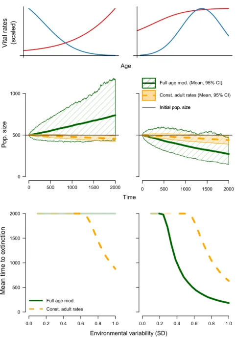 Figure 6 Population sizes after 2000 time steps and mean time to extinction for two combinations of mortality and fecundity (F1-M3 and F4-M4 in Fig