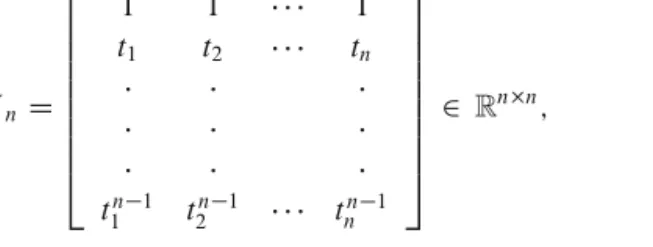 Table 1.2 The condition of Vandermonde matrices n cond 1 V n 10 1:36  10 4 20 1:05  10 9 40 6:93  10 18 80 3:15  10 38 t  D 1  ;  D 1; 2; : : : ; n: Then indeed cond 1 V n > n nC1 :