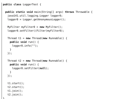 Figure 5.3. A concurrent test case that reproduces the crash stack in Figure 5.2 calls