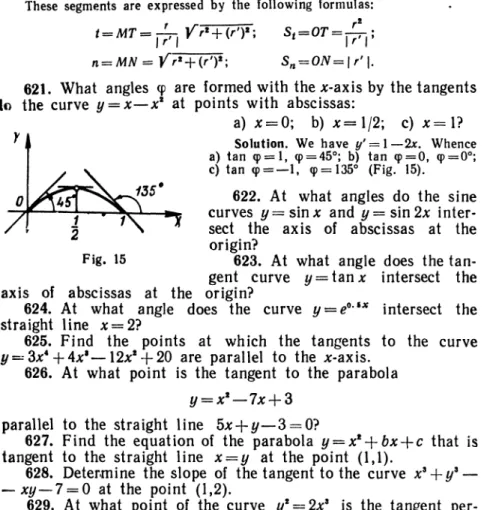 Fig. 15 623. At what angle does the tan- tan-gent curve y = ianx intersect the axis of abscissas at the origin?