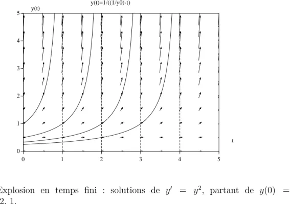Fig. 5 – Explosion en temps fini : solutions de y 0 = y 2 , partant de y(0) = 1/4, 1/3, 1/2, 1.