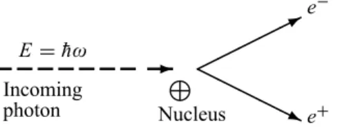 Figure 1.5 Pair production: a highly energetic photon, interacting with a nucleus, disappears and produces an electron and a positron.