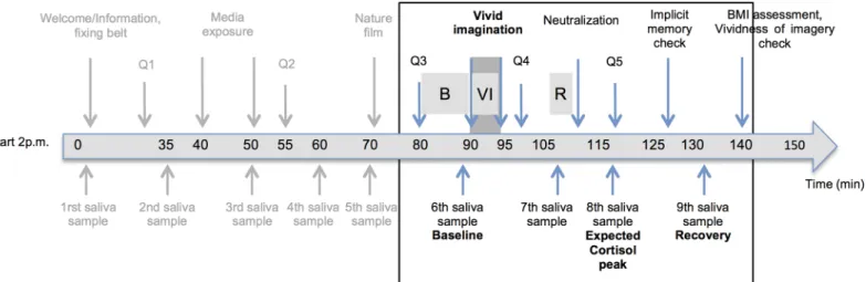 Fig 1. Experimental procedure with exact saliva sampling time points. Q = Questionnaires 1 to 5 including mood questionnaire; HRV segmentation: B = Baseline, VI = Vivid imagination, R = Recovery