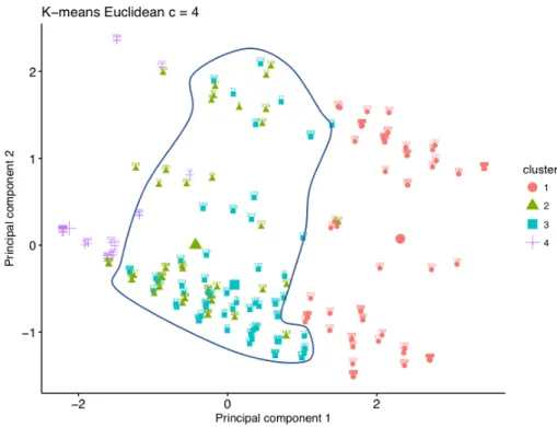 Figure 3.11: K-means clustering with Euclidean norm of four cluster partitions