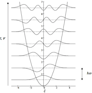 Figure 3.5: Sketch of the eigenstates, energy levels, and the potential well of a quantum harmonic oscillator (picture from DAB Miller).
