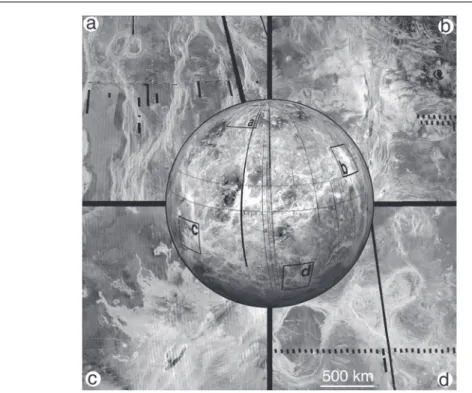 Figure 6. Examples of typical terrain types of Venus as seen on the Magellan images (a)–(c) and their positions shown on a global mosaic centred at 240˚E: (a) belts of low ridges (brighter linear features) and neighbouring regional plains (darker backgroun