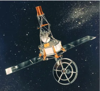 Figure 2. Artist’s concept of the Mariner 2 spacecraft. The spacecraft (mass 203 kg) had microwave and IR radiometers, detectors of cosmic dust, solar plasma, high-energy particles and magnetic fields