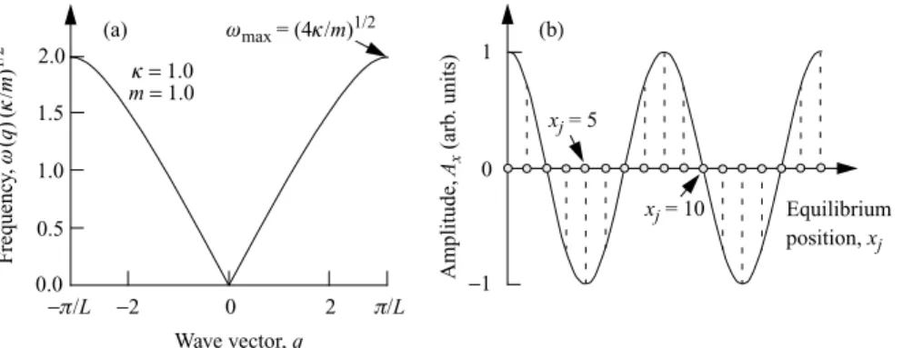 Fig. 1.8. (a) Dispersion relation for lattice vibrations of a one-dimensional monatomic linear chain.