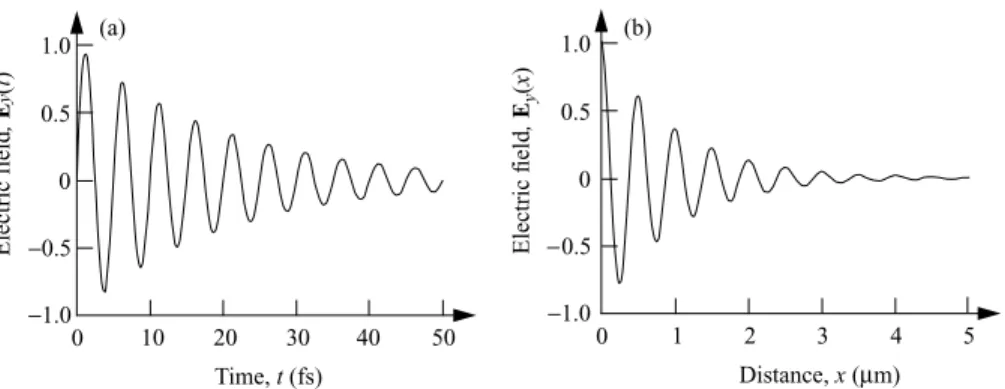 Fig. 1.17. Illustration of: (a) temporal decay of an oscillating electric ﬁeld; (b) spatial decay of an oscillating electric ﬁeld.