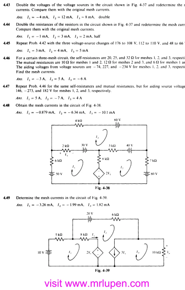 Fig. 4-38  4.49  Determine the mesh currents in  the circuit  of  Fig. 4-39. 