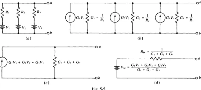 Figure  5-5  illustrates  the  theorem  for  only  three  parallel  voltage  sources.  but  the  theorem  applies  to  any  number  of  such  sources