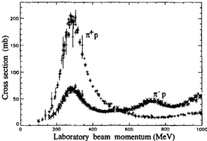 Figure  2-3:  Total  cross  section  of  charged  pions  scattering  off  protons.  The  strong &amp;-resonance  in  ?r+  + p   reaction occurs in the  ( J &#34; , T )   = ($+,  $)  channel  with  f  =  1