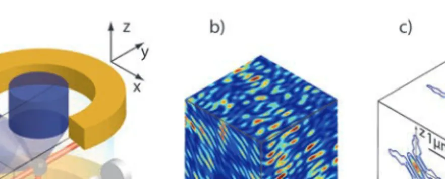 Fig. 1. Experiment. (a) Experimental setup (see text for details). (b) False color representation of a realization of the disordered potential in x = 0, y = 0, and z = 0 planes