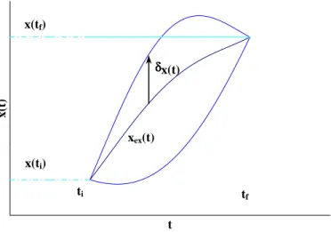 Figure 5: Arbitrary trajectories x(t) going between specific initial and final points, and the extremal trajectory x ex (t)