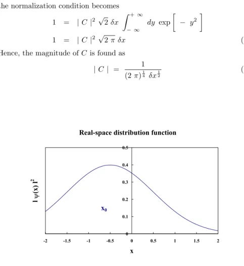 Figure 9: The real space distribution function | Ψ(x) | 2 . The distribution func- func-tion is centered around x 0 .